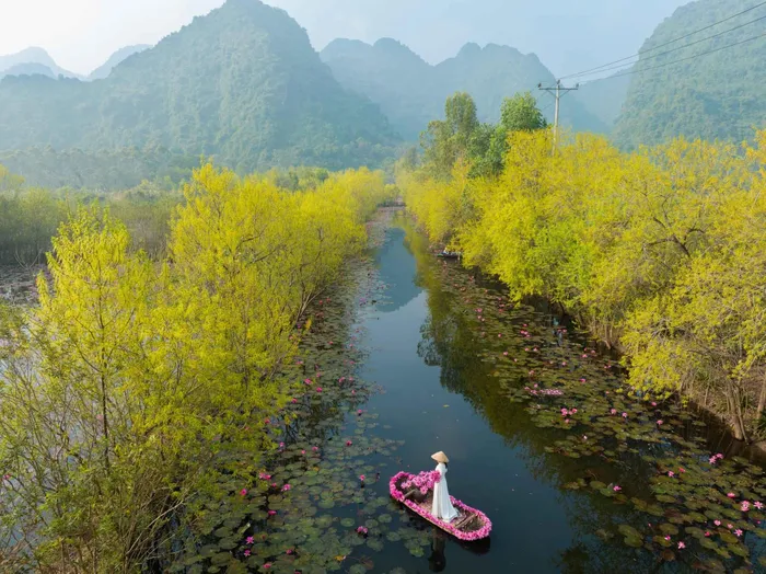 Nhìn từ trên cao, dòng suối như “nở hoa”. Đến đây, ngoài ngắm cảnh, du khách có thể mua những bó hoa súng tươi mang về. Ảnh: Van Ngo